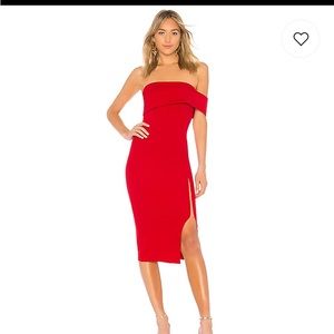 Michael Costello x Revolve red midi off the shoulder dress